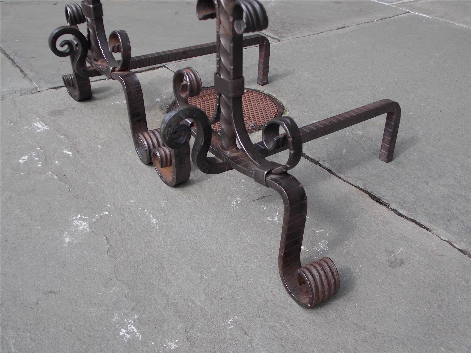 Cast Pair of American Wrought Iron and Brass Ball Top Diminutive Andirons , C. 1840 For Sale