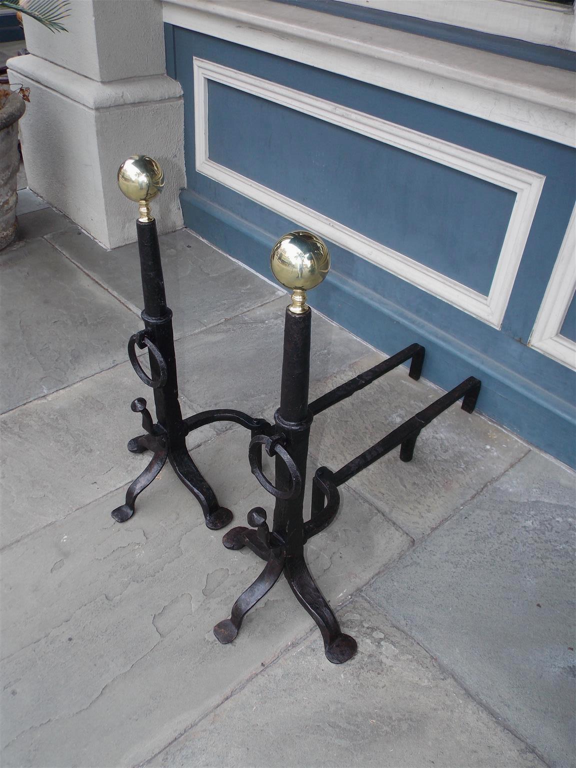 American Colonial Pair of American Wrought Iron and Brass Ball Top Spit Hook Andirons, Circa 1800