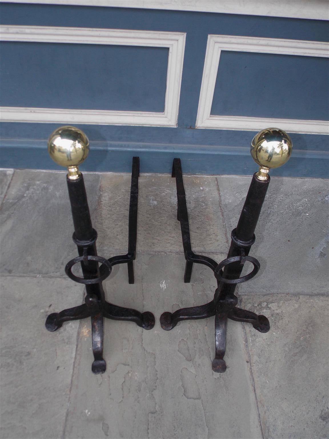 Cast Pair of American Wrought Iron and Brass Ball Top Spit Hook Andirons, Circa 1800
