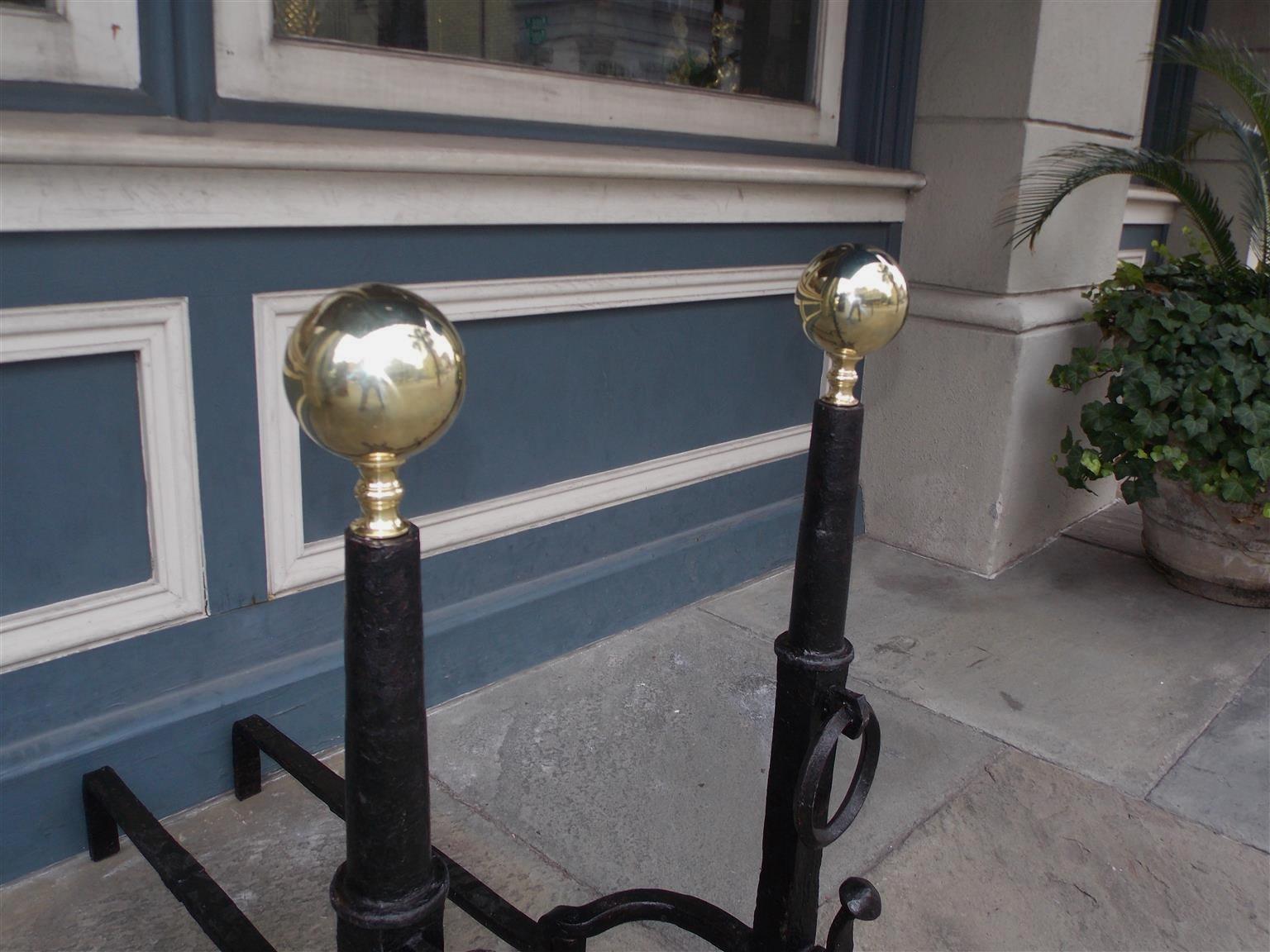 Pair of American Wrought Iron and Brass Ball Top Spit Hook Andirons, Circa 1800 In Excellent Condition In Hollywood, SC