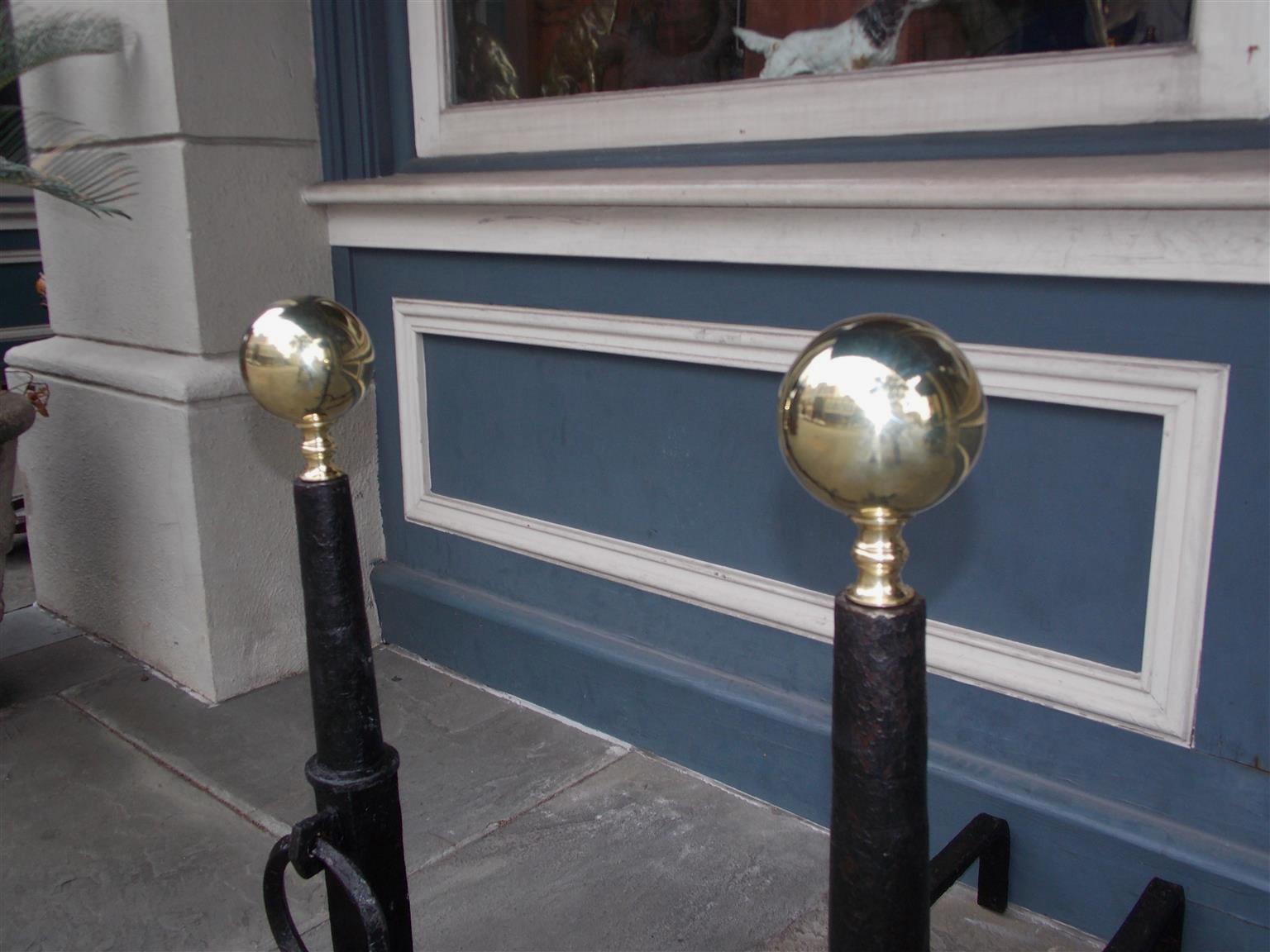 Early 19th Century Pair of American Wrought Iron and Brass Ball Top Spit Hook Andirons, Circa 1800