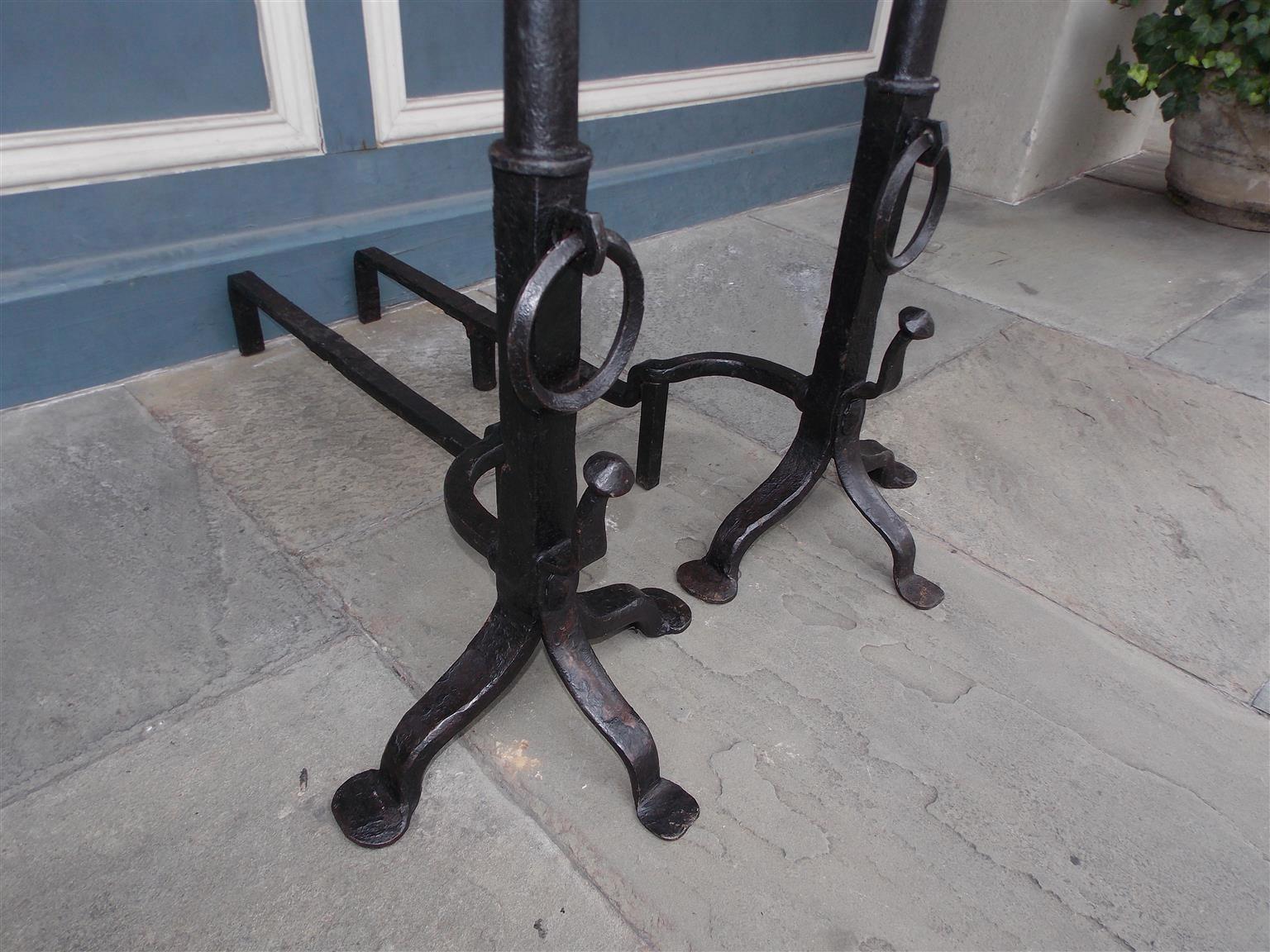Pair of American Wrought Iron and Brass Ball Top Spit Hook Andirons, Circa 1800 1