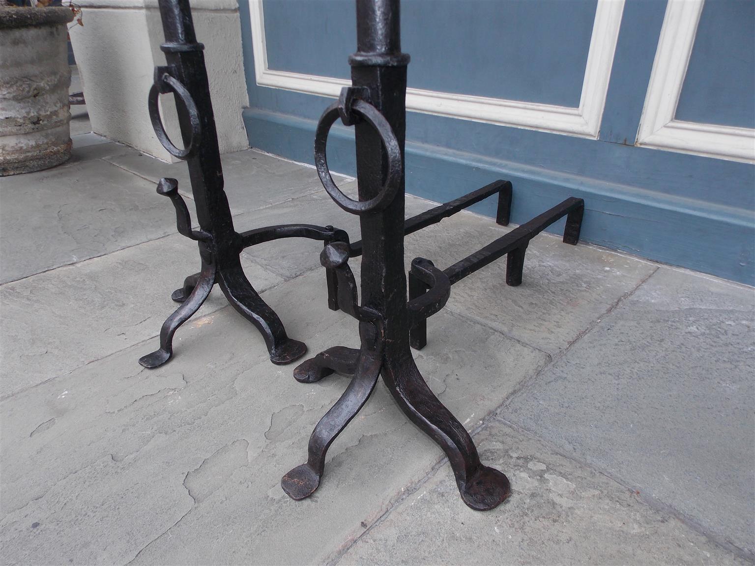 Pair of American Wrought Iron and Brass Ball Top Spit Hook Andirons, Circa 1800 2