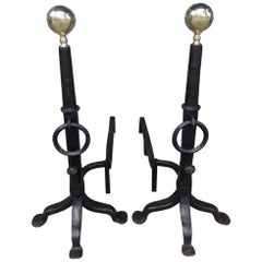 Pair of American Wrought Iron and Brass Ball Top Spit Hook Andirons, Circa 1800
