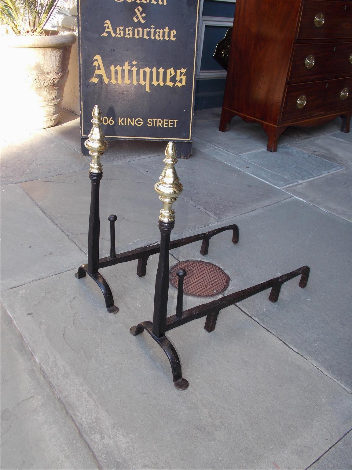 American Colonial Pair of American Wrought Iron and Brass Finial Andirons with Penny Feet, C. 1770