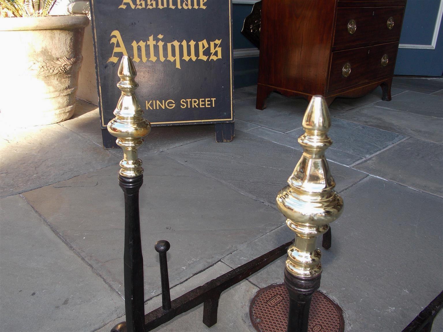 Cast Pair of American Wrought Iron and Brass Finial Andirons with Penny Feet, C. 1770