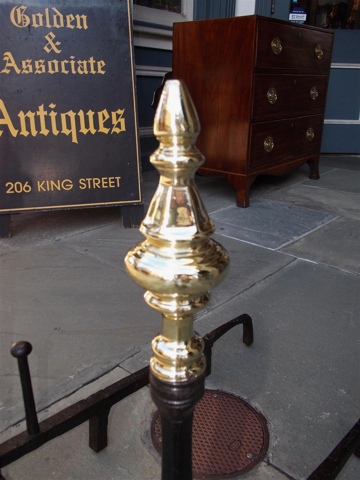 Pair of American Wrought Iron and Brass Finial Andirons with Penny Feet, C. 1770 In Excellent Condition In Hollywood, SC