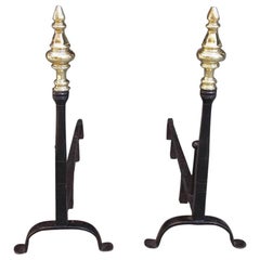 Pair of American Wrought Iron and Brass Finial Andirons with Penny Feet, C. 1770