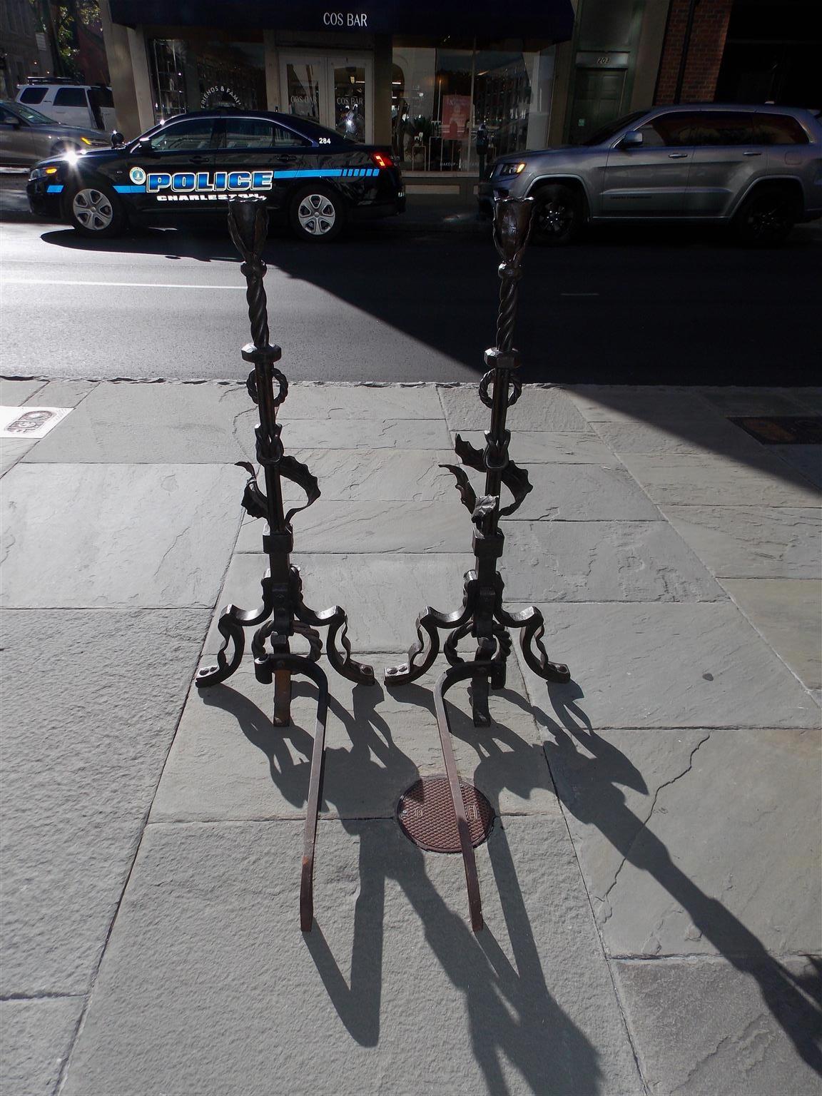 Pair of American Wrought Iron and Faux Painted Bronze Foliage Andirons, C. 1890 For Sale 5