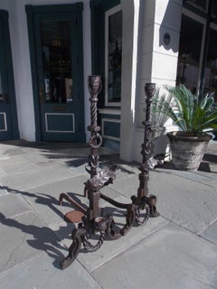 Pair of American Wrought Iron and Faux Painted Bronze Foliage Andirons, C. 1890