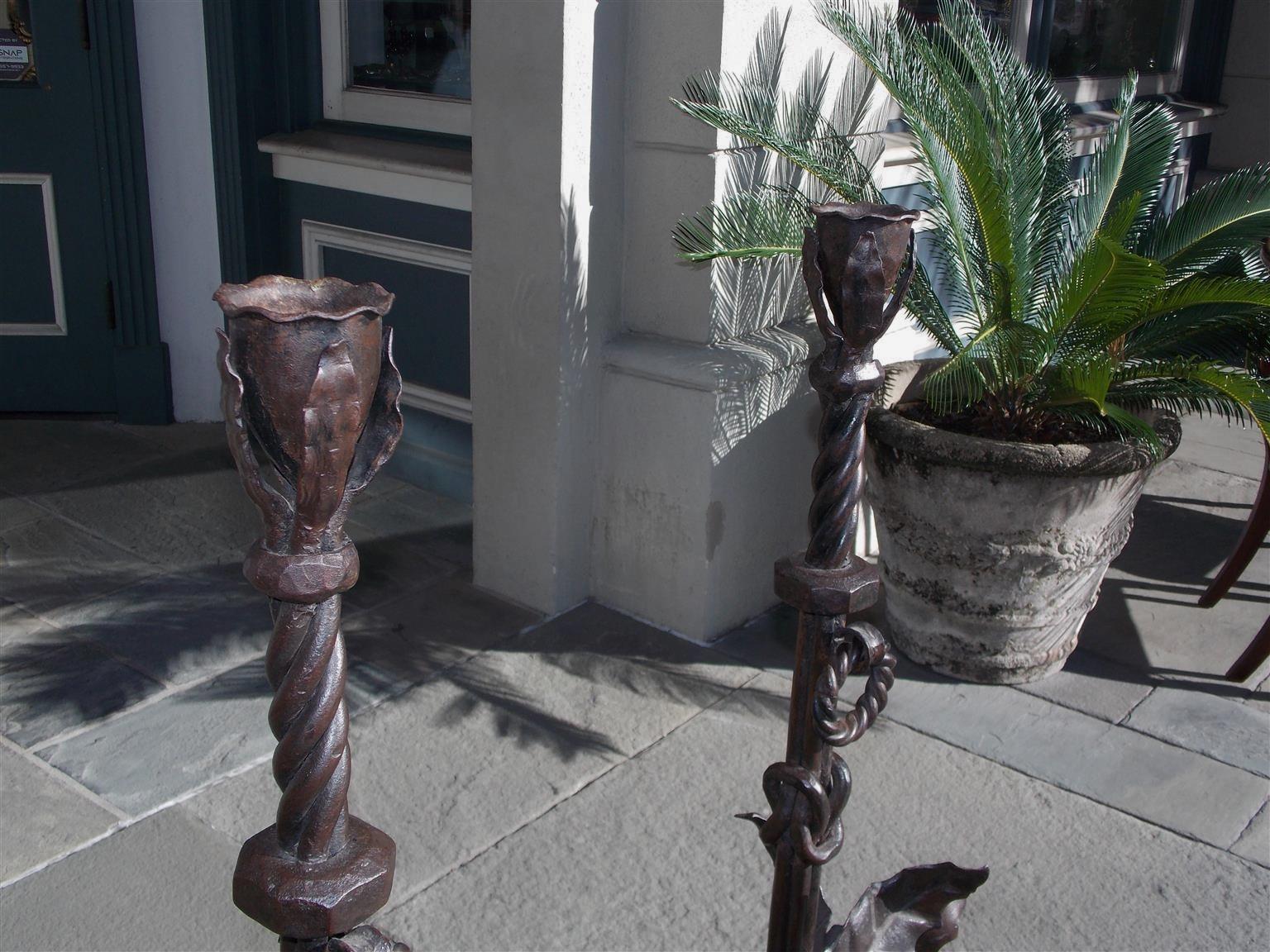 Hammered Pair of American Wrought Iron and Faux Painted Bronze Foliage Andirons, C. 1890 For Sale