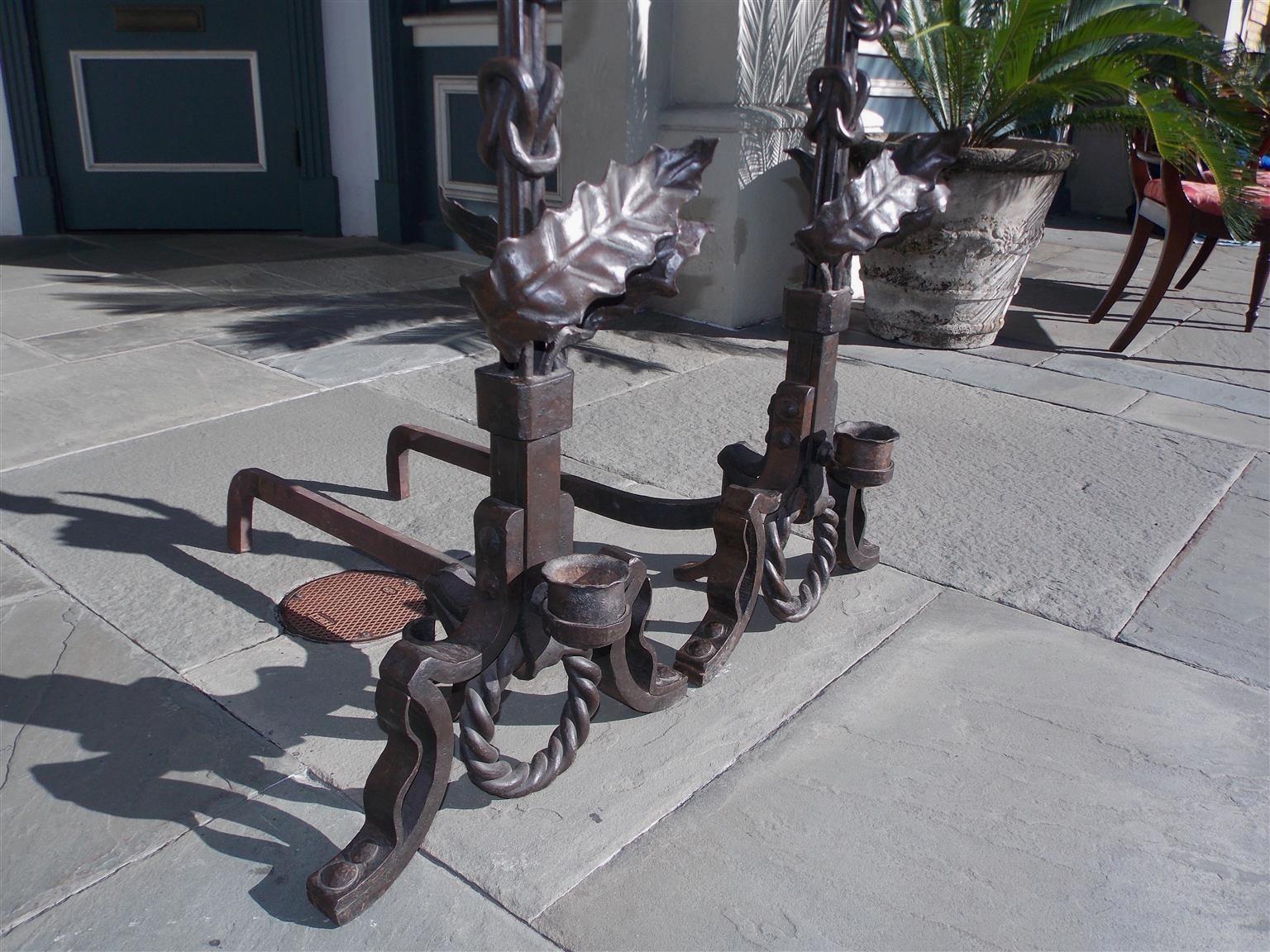 Pair of American Wrought Iron and Faux Painted Bronze Foliage Andirons, C. 1890 In Excellent Condition For Sale In Hollywood, SC