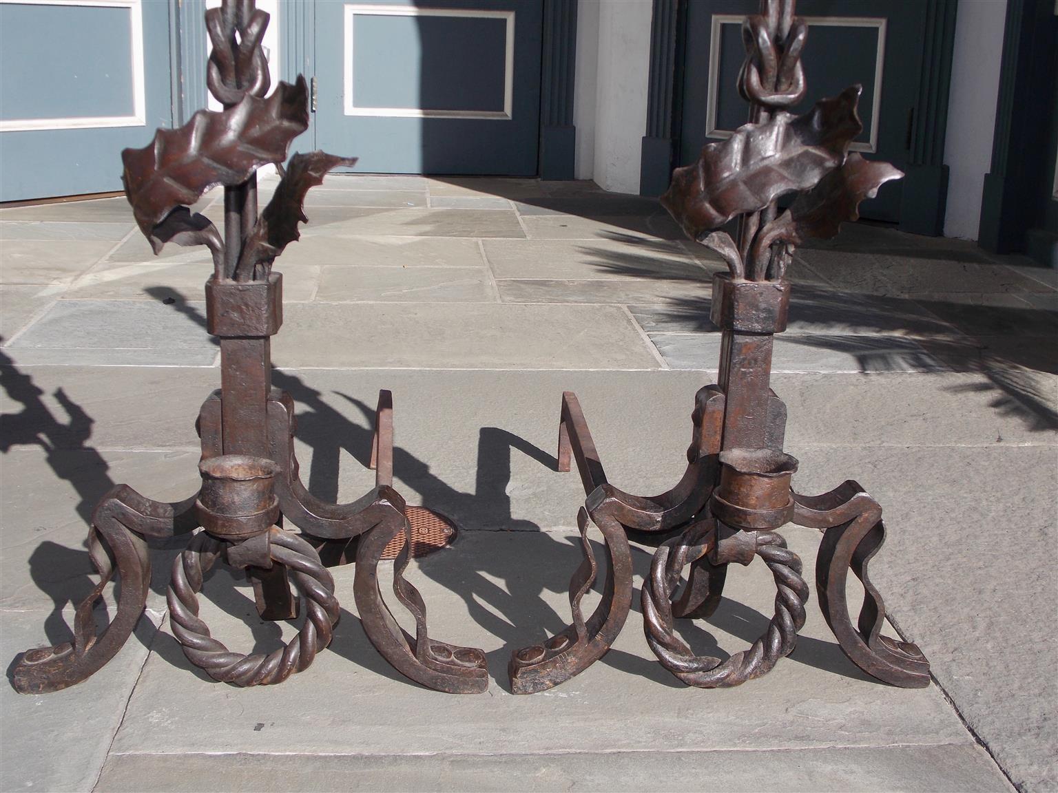 Pair of American Wrought Iron and Faux Painted Bronze Foliage Andirons, C. 1890 For Sale 2