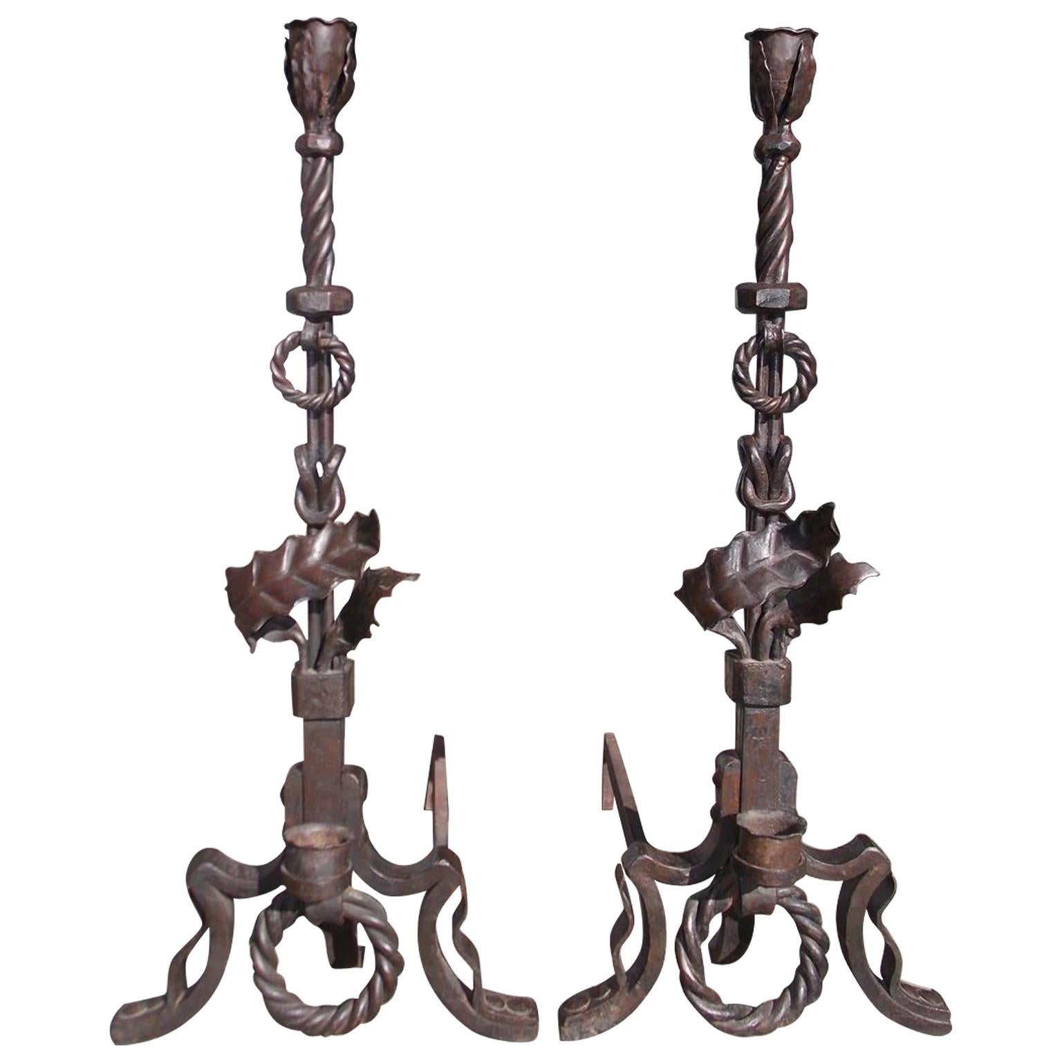 Pair of American Wrought Iron and Faux Painted Bronze Foliage Andirons, C. 1890 For Sale