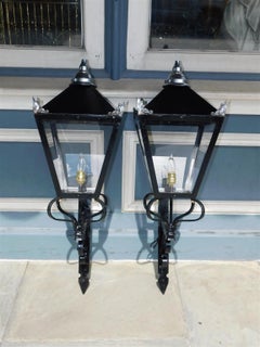Pair of American Wrought Iron and Spelter Finial Mounted Wall Lanterns, C. 1850