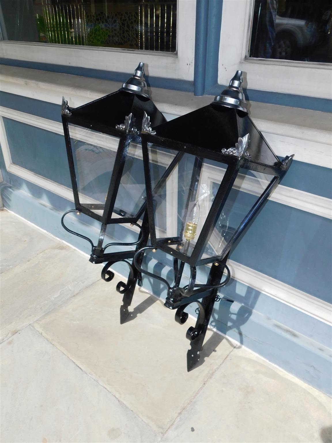 American Empire Pair of American Wrought Iron and Spelter Finial Mounted Wall Lanterns, C. 1850 For Sale