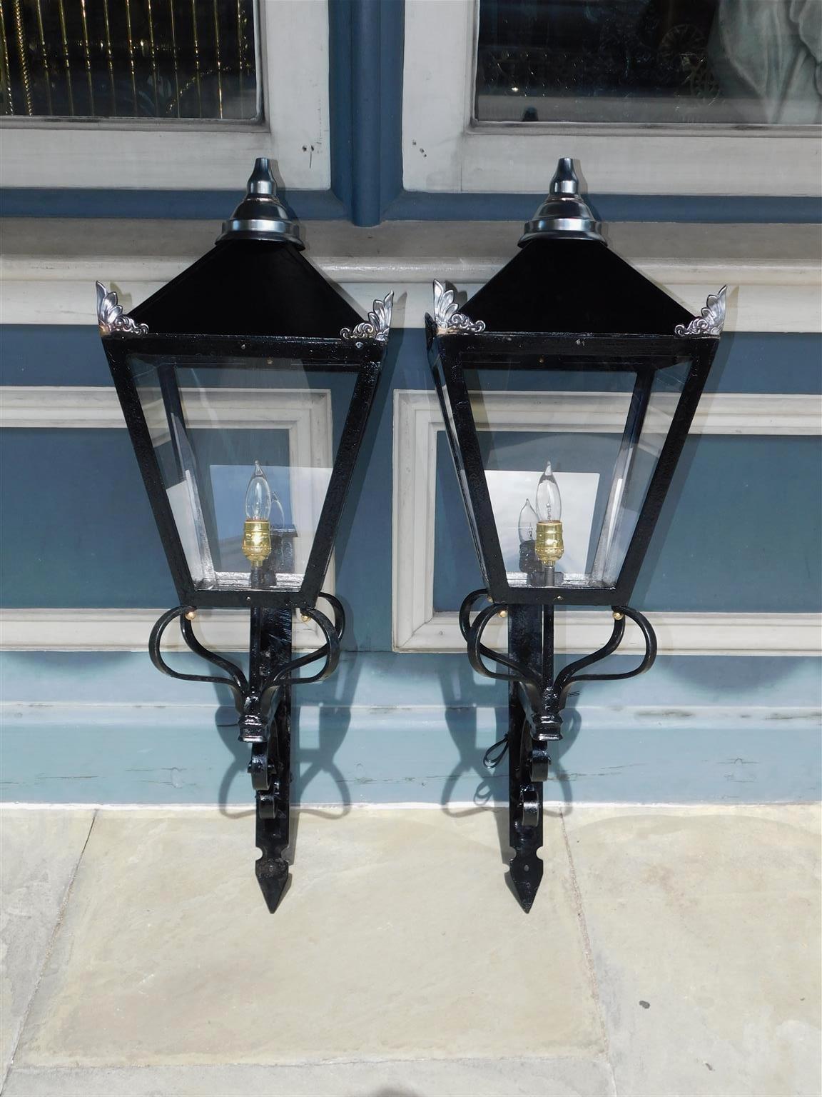 Hand-Painted Pair of American Wrought Iron and Spelter Finial Mounted Wall Lanterns, C. 1850 For Sale