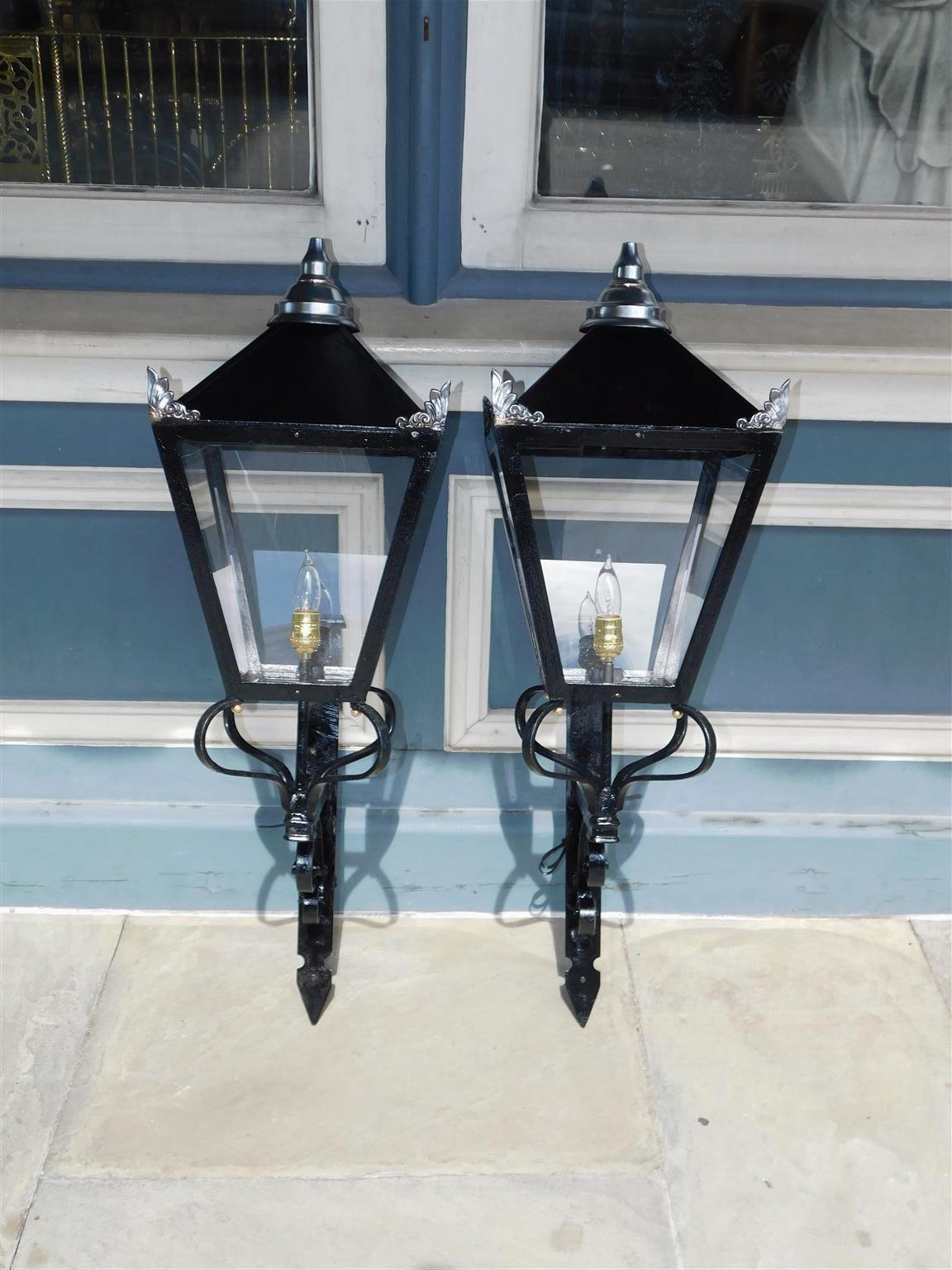 Brass Pair of American Wrought Iron and Spelter Finial Mounted Wall Lanterns, C. 1850 For Sale