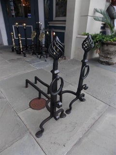 Pair of American Wrought Iron Birdcage Finial & Penny Feet Andirons. Circa 1830