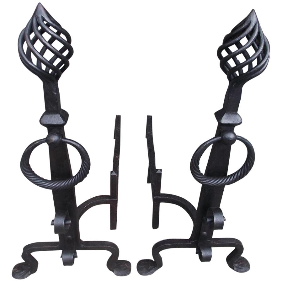 Pair of American Wrought Iron Birdcage Finial & Penny Feet Andirons. Circa 1830 For Sale
