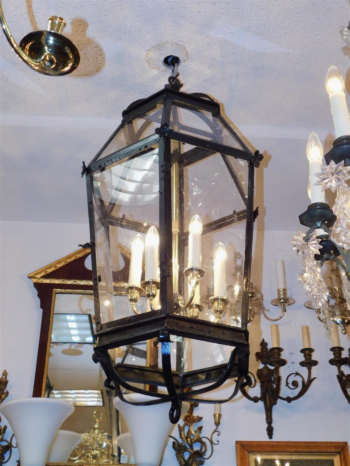 Hammered Pair of American Wrought Iron & Brass Dome Shaped Hanging Lanterns, Circa 1820 For Sale