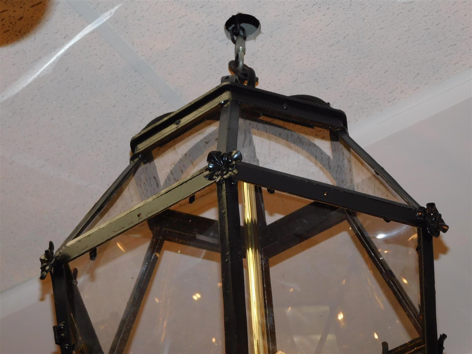 Early 19th Century Pair of American Wrought Iron & Brass Dome Shaped Hanging Lanterns, Circa 1820 For Sale