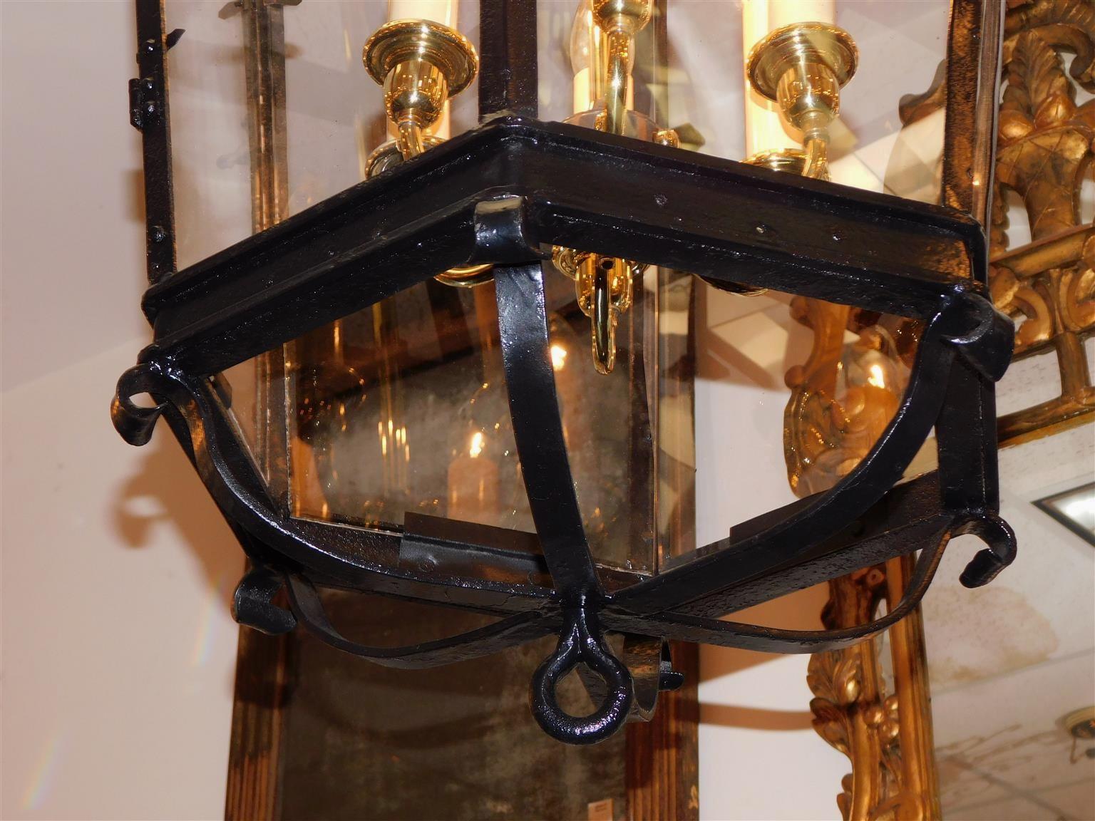 Pair of American Wrought Iron & Brass Dome Shaped Hanging Lanterns, Circa 1820 For Sale 1
