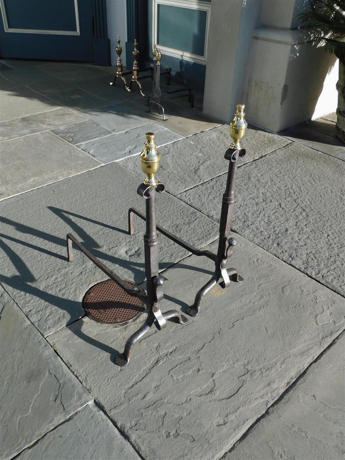 American Colonial Pair of American Wrought Iron & Brass Urn Final Andirons with Penny Feet, C 1790 For Sale