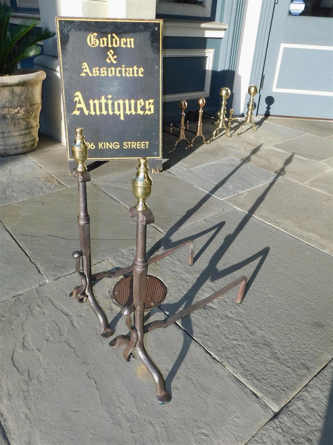 Cast Pair of American Wrought Iron & Brass Urn Final Andirons with Penny Feet, C 1790 For Sale
