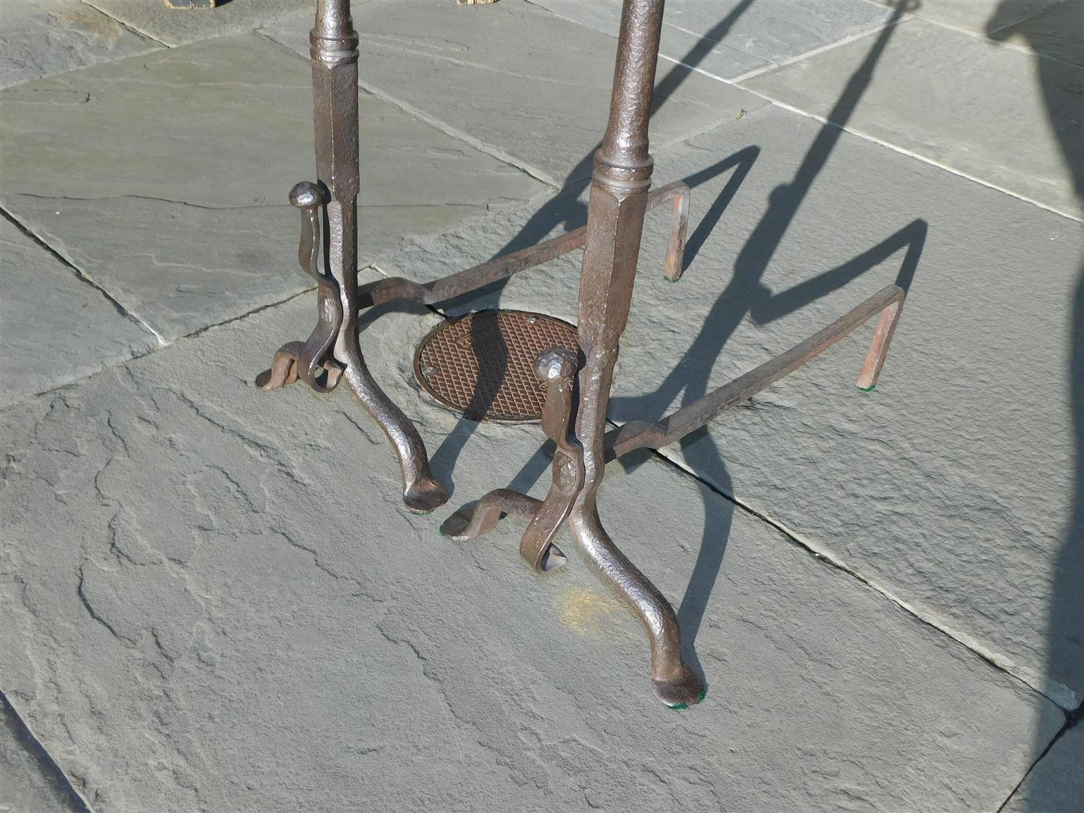 Late 18th Century Pair of American Wrought Iron & Brass Urn Final Andirons with Penny Feet, C 1790 For Sale
