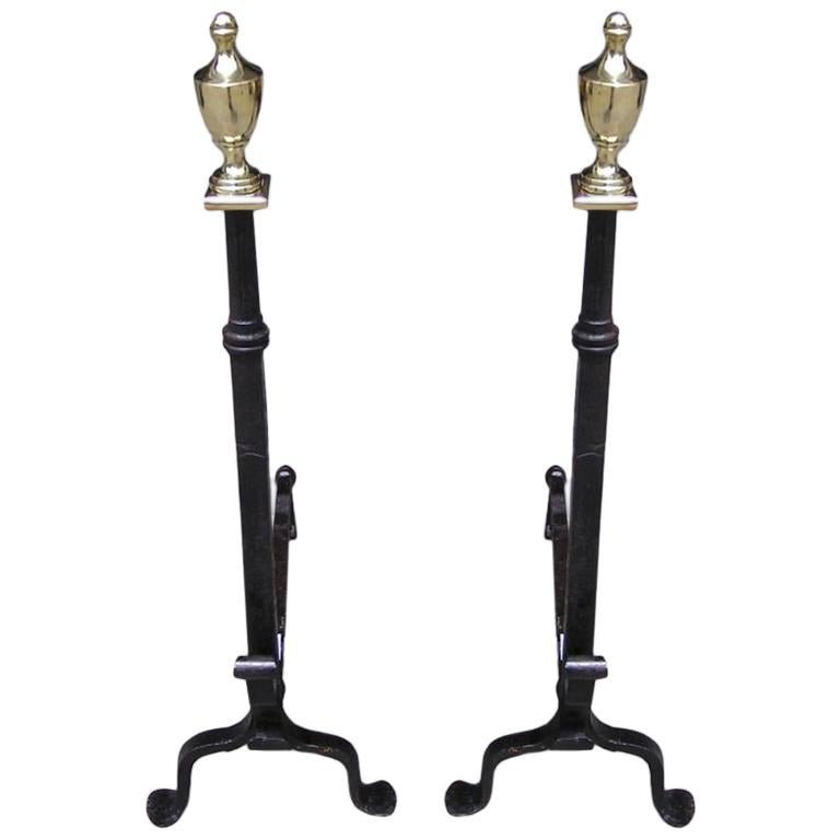 Pair of American Wrought Iron & Brass Urn Finial Andirons . Circa 1780 For Sale
