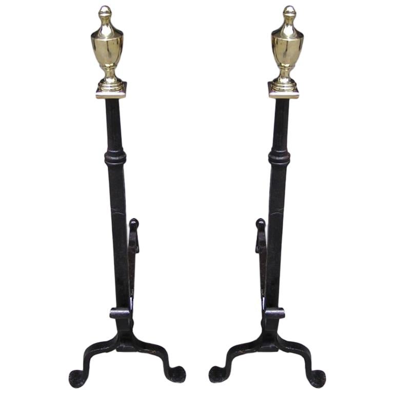 Pair of American Wrought Iron & Brass Urn Finial Andirons . Circa 1780