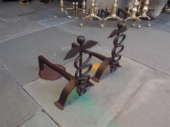 Pair of American Wrought Iron Finial Caduceus Andirons with Splayed Feet, C 1850