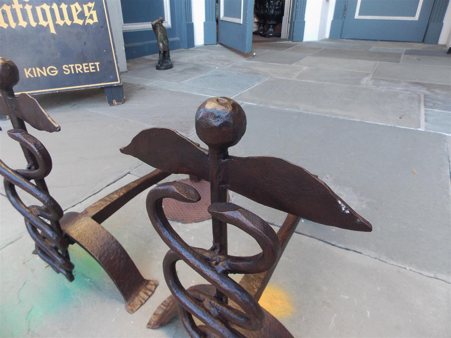 American Empire Pair of American Wrought Iron Finial Caduceus Andirons with Splayed Feet, C 1850 For Sale