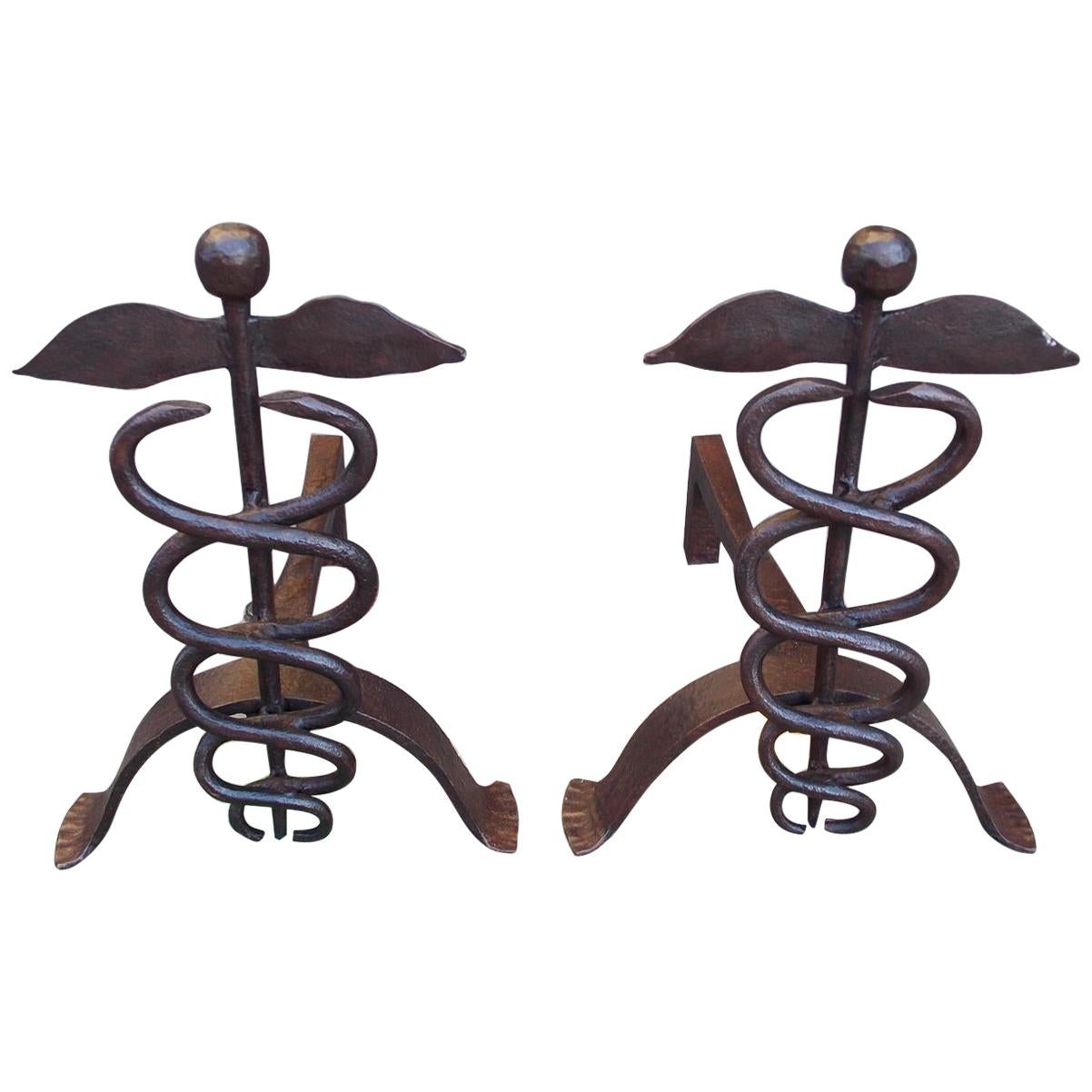 Pair of American Wrought Iron Finial Caduceus Andirons with Splayed Feet, C 1850