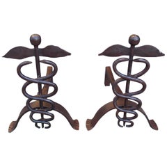 Antique Pair of American Wrought Iron Finial Caduceus Andirons with Splayed Feet, C 1850