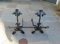 Pair of American Wrought Iron Scrolled Finial Andirons with Cross Bar, C. 1840