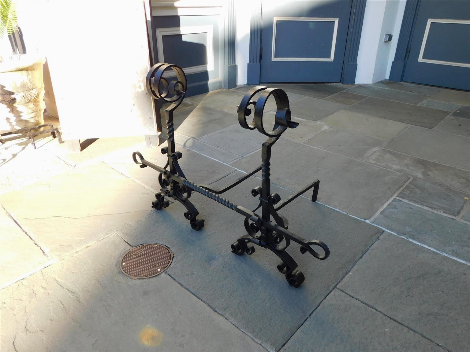 American Empire Pair of American Wrought Iron Scrolled Finial Andirons with Cross Bar, C. 1840 For Sale