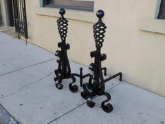 Pair of American Wrought Iron Spiral Ball Finial Andirons w/ Scrolled Legs, 1820