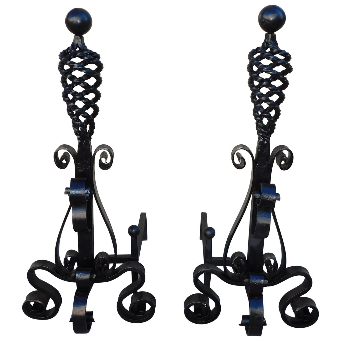 Pair of American Wrought Iron Spiral Ball Finial Andirons w/ Scrolled Legs, 1820