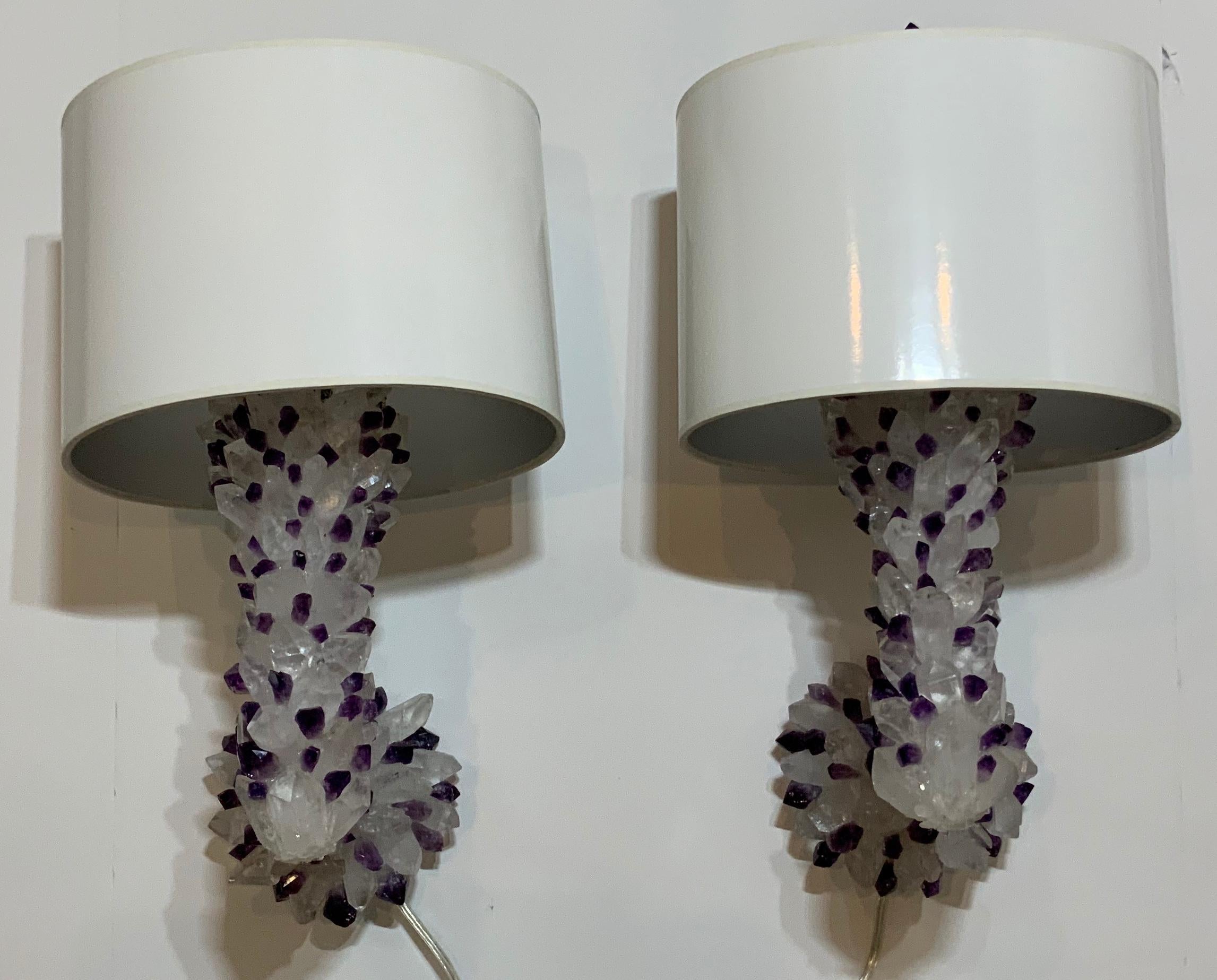 American Pair of Amethyst and Crystal Quartz Wall Sconces For Sale