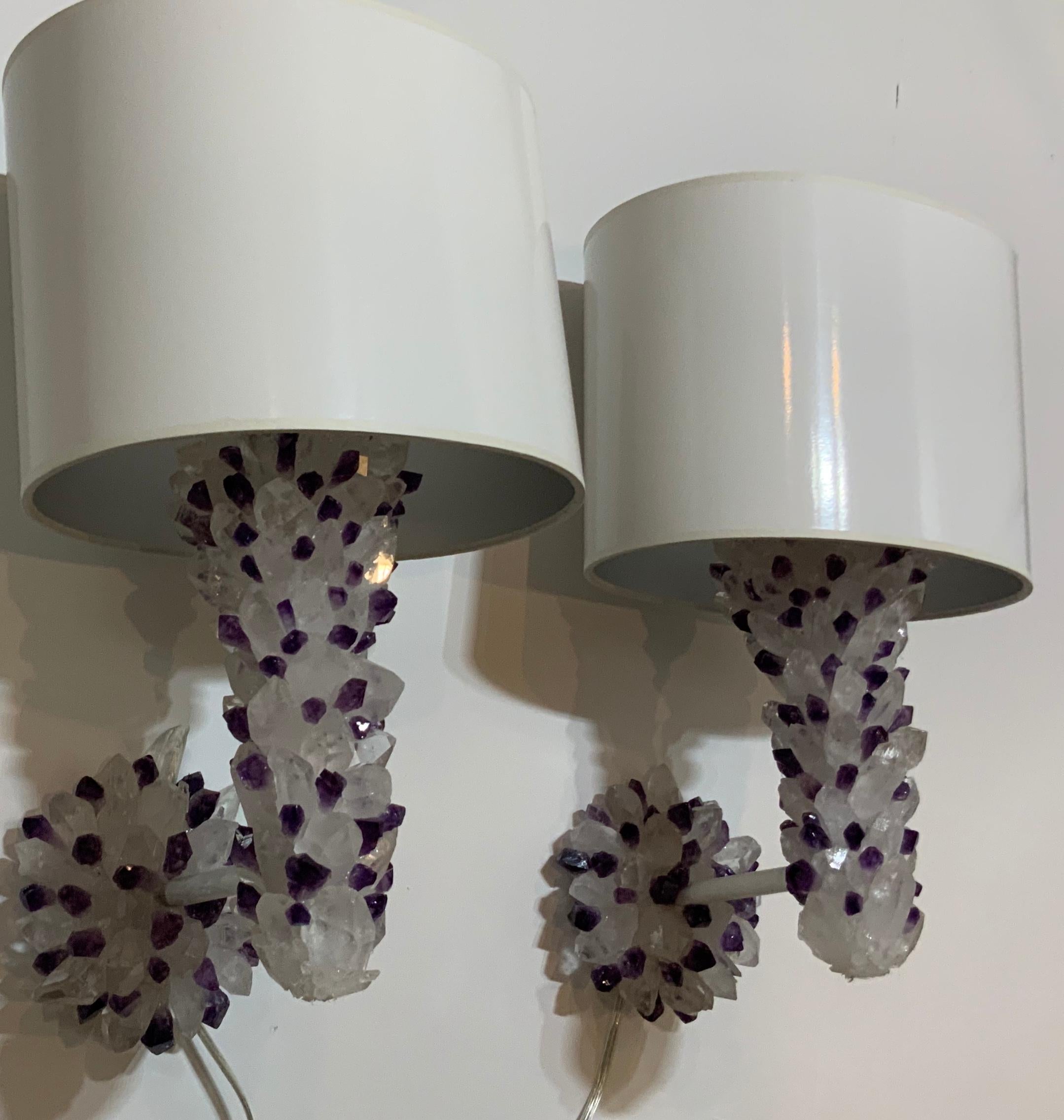 Pair of Amethyst and Crystal Quartz Wall Sconces In Good Condition For Sale In Delray Beach, FL