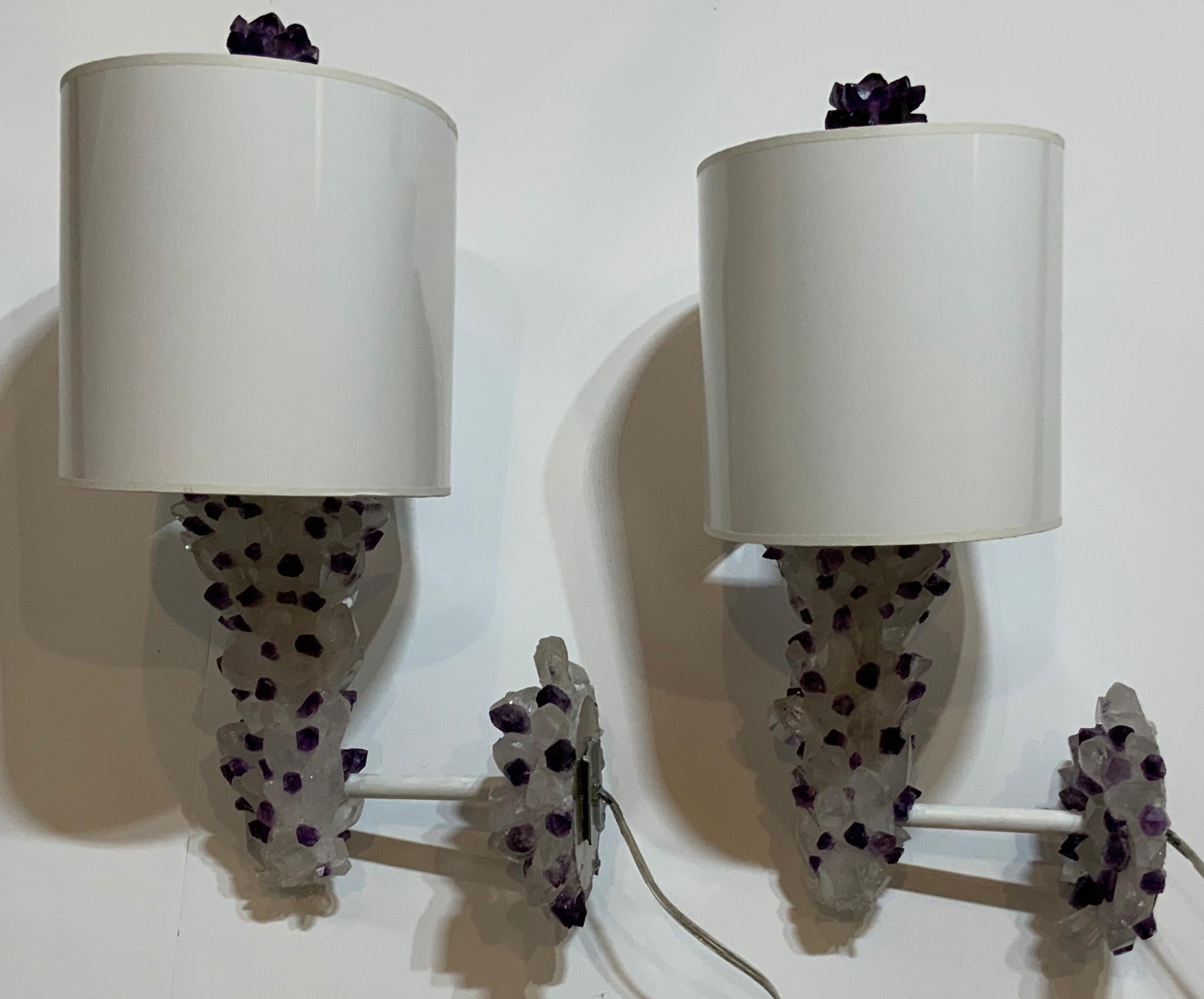 Contemporary Pair of Amethyst and Crystal Quartz Wall Sconces For Sale