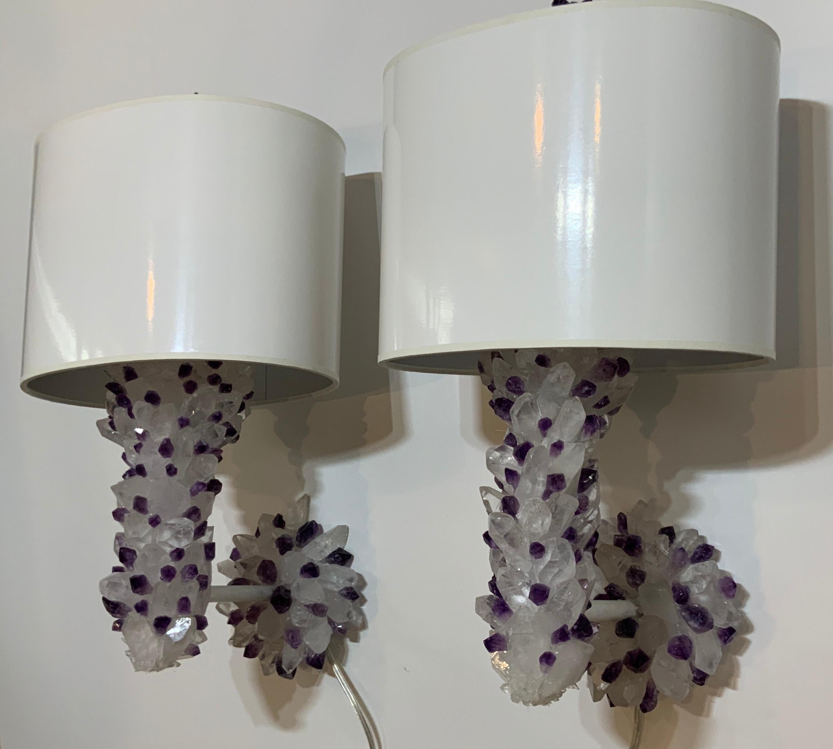 Metal Pair of Amethyst and Crystal Quartz Wall Sconces For Sale
