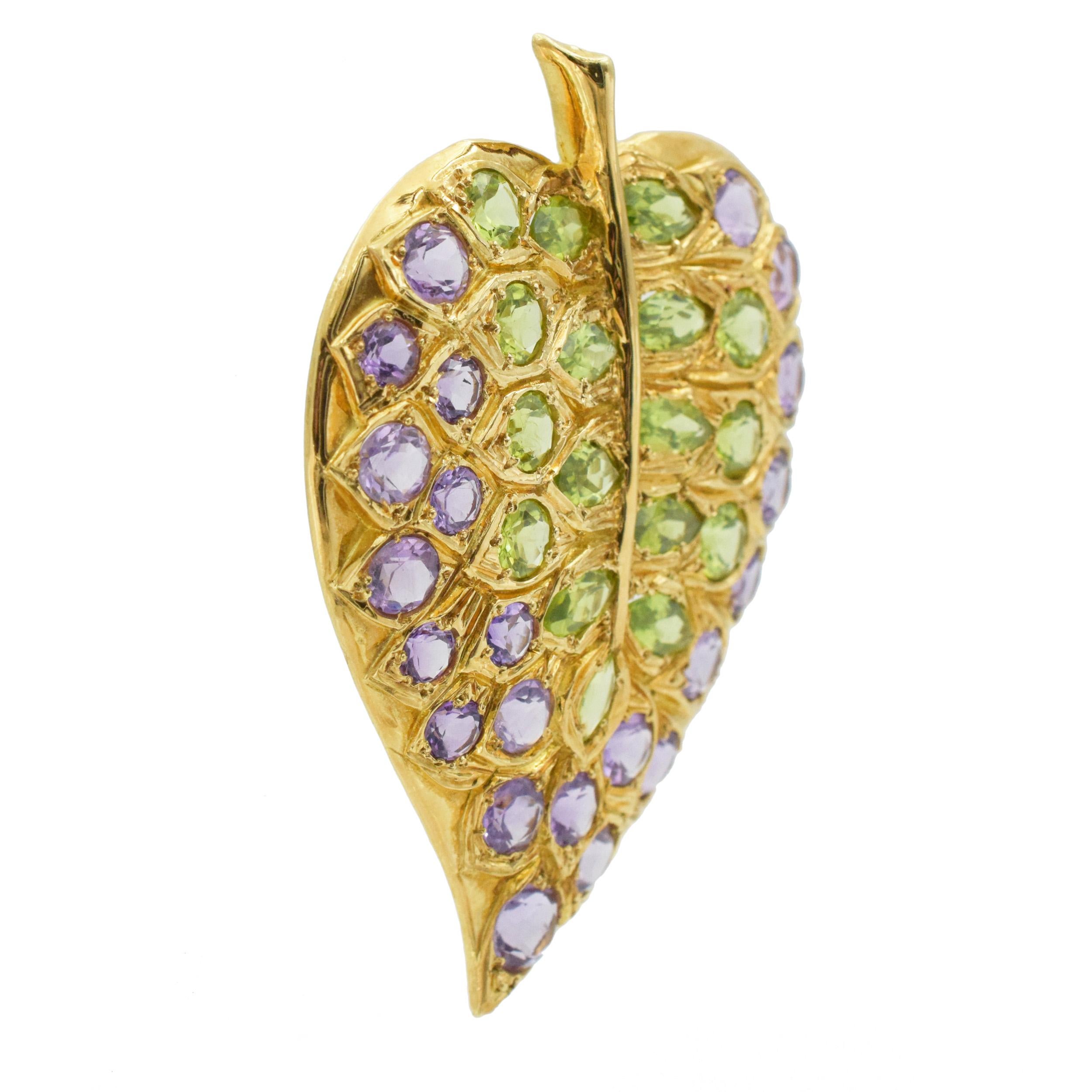 Pair of Amethyst and Peridot Leaf Brooches 4