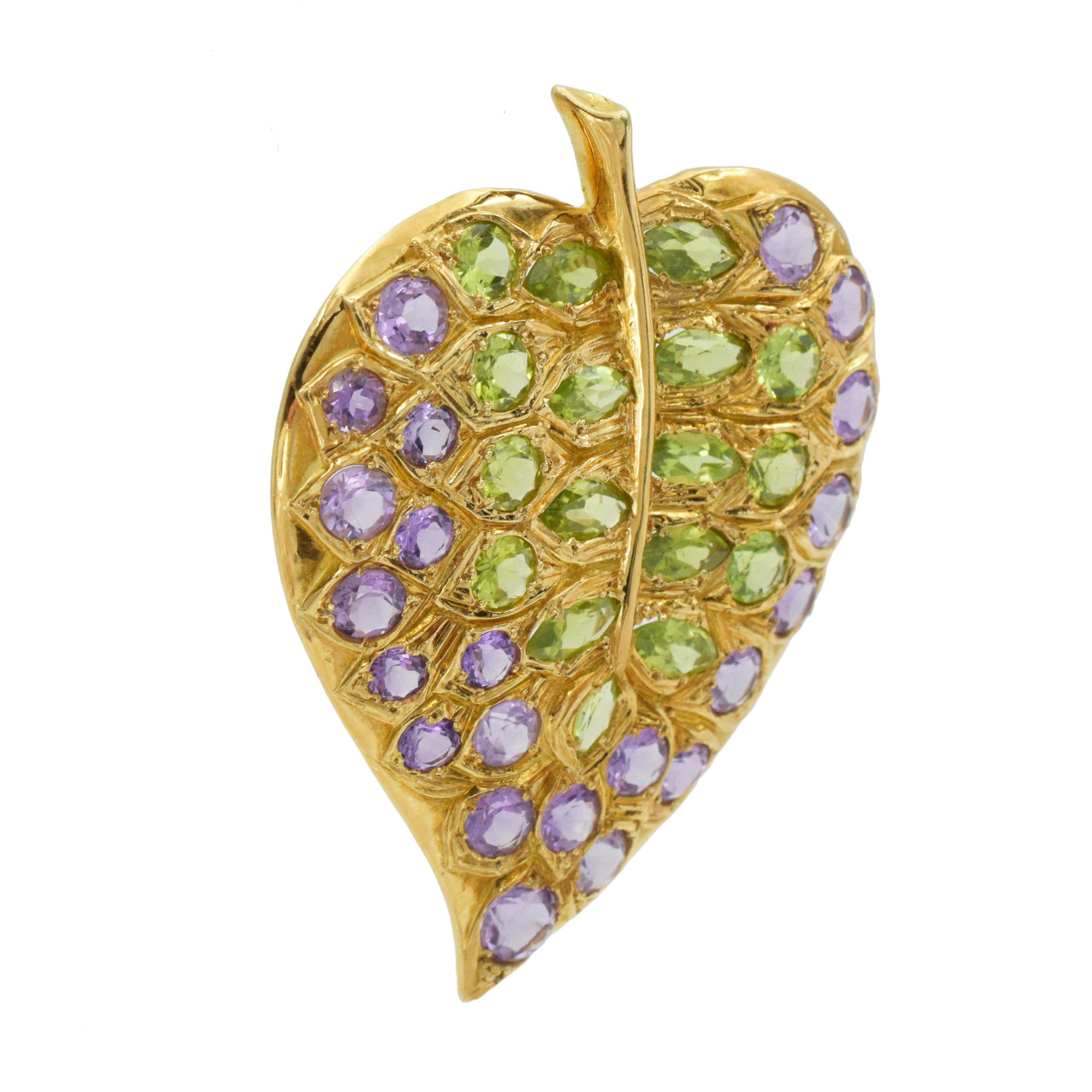 Pair of Amethyst and Peridot Leaf Brooches For Sale 1