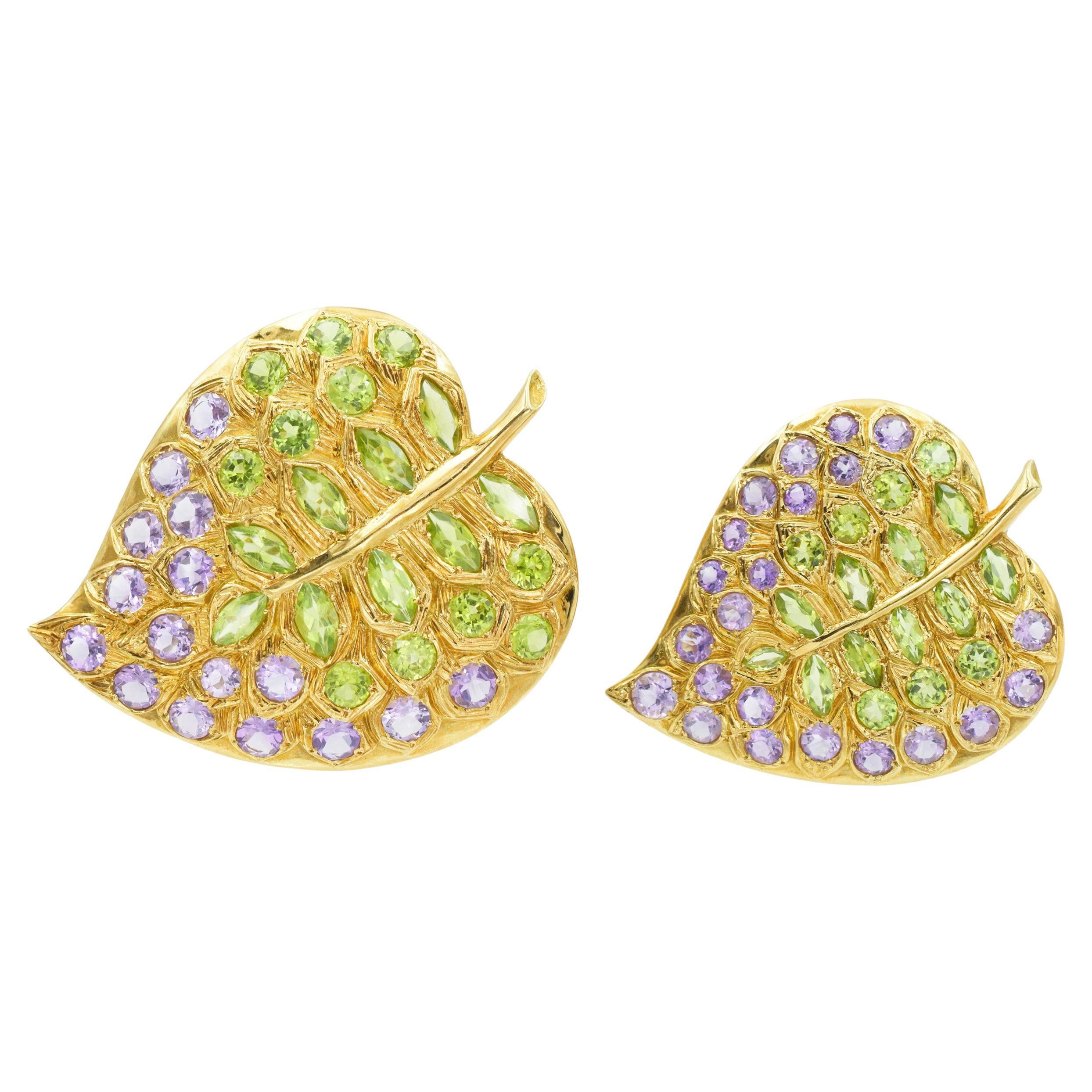 Pair of Amethyst and Peridot Leaf Brooches For Sale