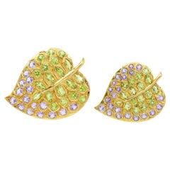 Retro Pair of Amethyst and Peridot Leaf Brooches