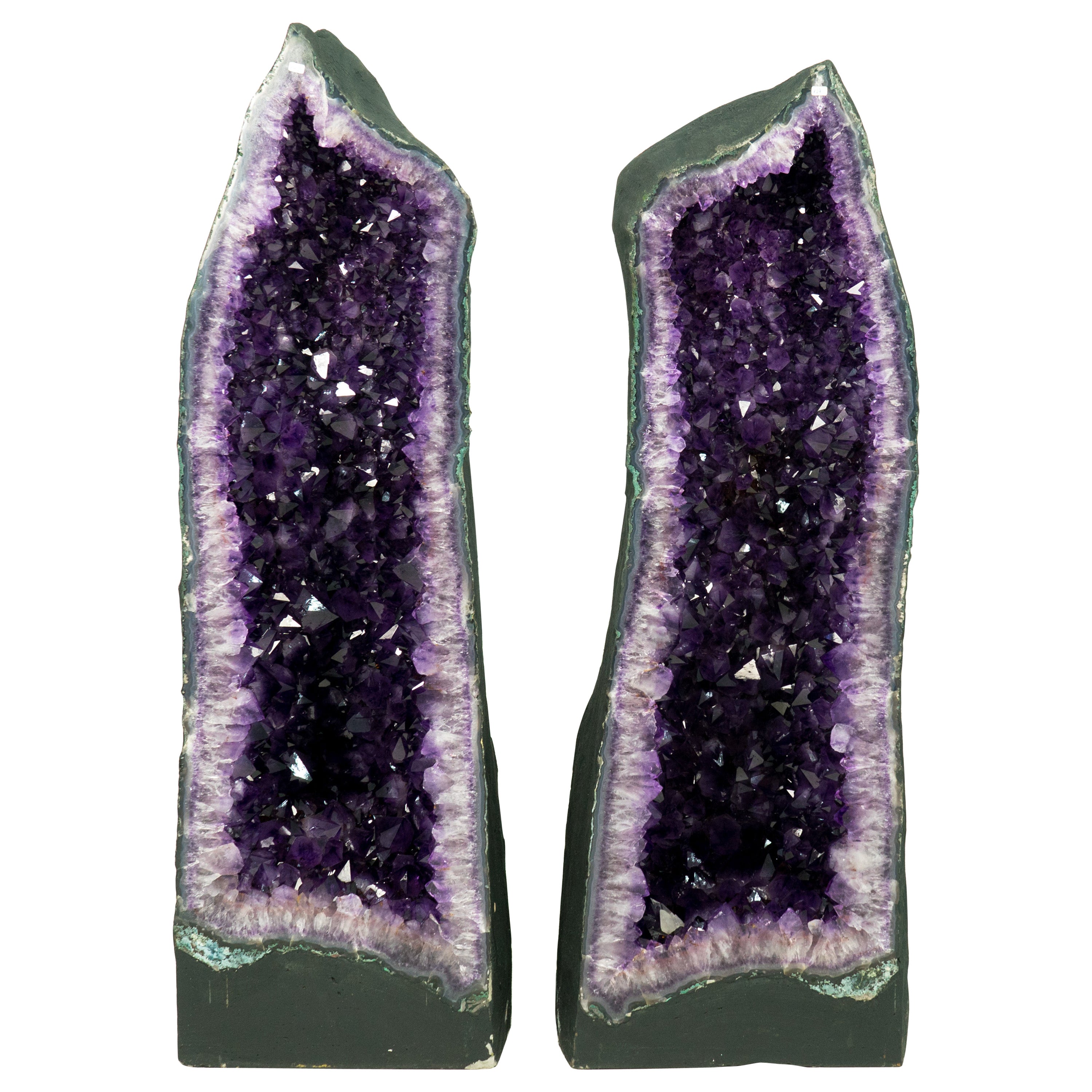 Paar Amethyst Cathedral Geodes der Kathedrale, Violett Lila mit großem Amethyst Druzy