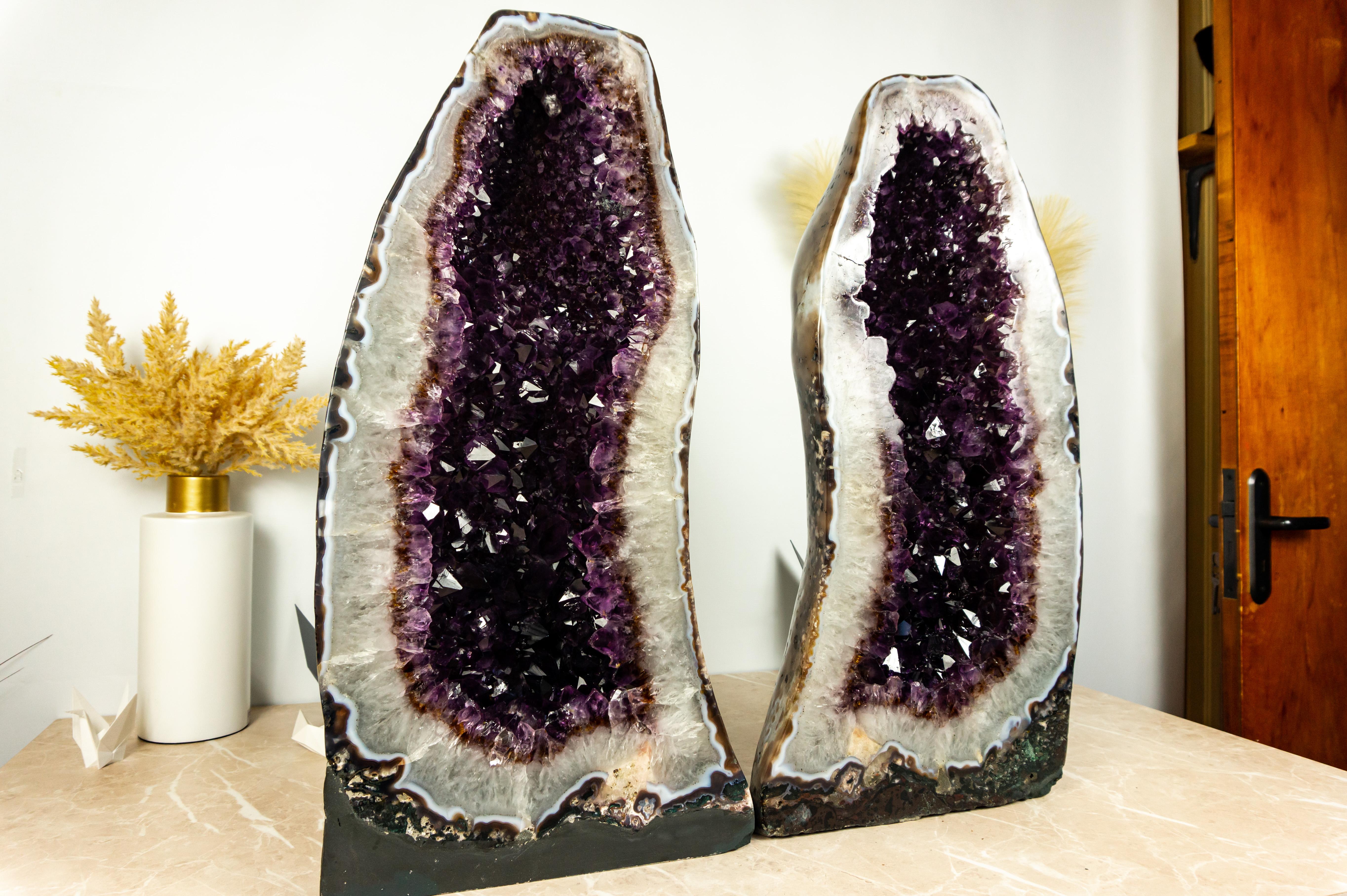 Brazilian Pair of Amethyst Cathedral Geodes with AAA Bi-Color Dark Purple Amethyst For Sale